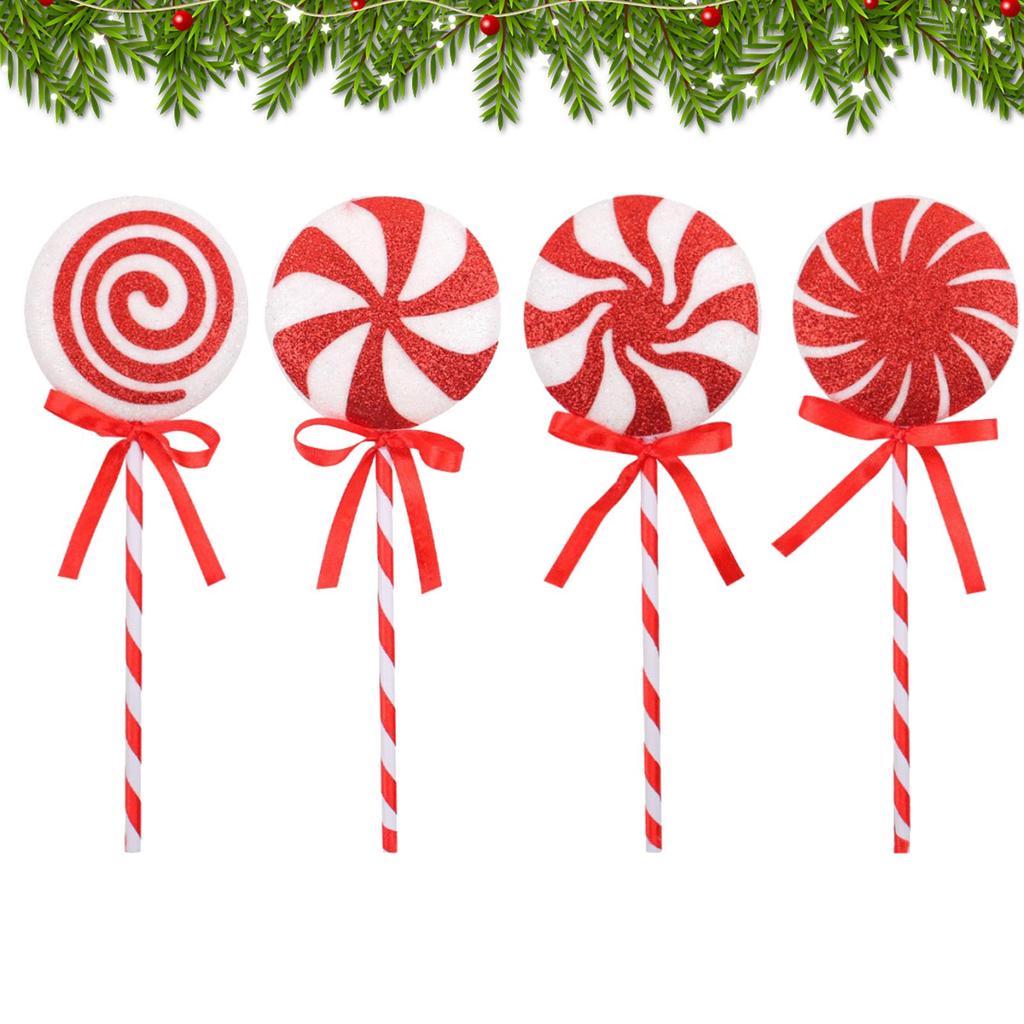 4pcs Christmas Tree Lollipop Decoration Red And White Color Foam Lollipop Big Stick Candy Props For Home Party Decor Xmas Gift