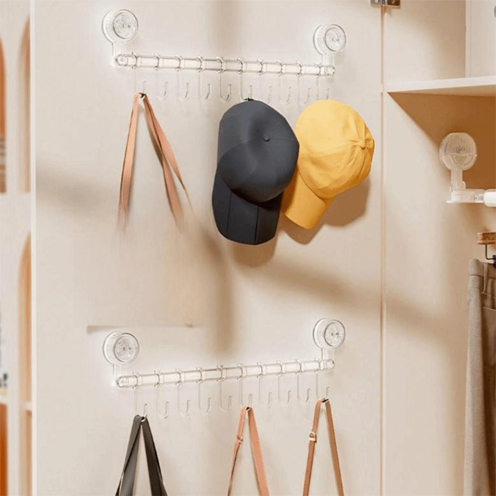 10 Hooks Suction Cup Kitchen Hook Adjustable Wall Mounted Sliding Flatware Storage Rack Removable Space Saving Utensil Holder