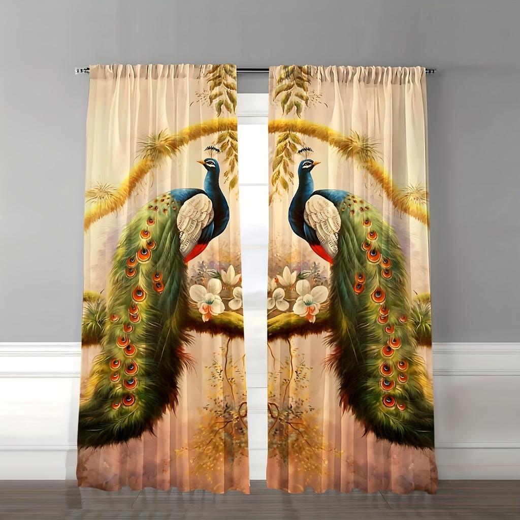 3D Animal Peacock Flower Retro Style Curtains Window Treatment for Bedroom Office Kitchen Living Room Study Home Decor 2 Pieces