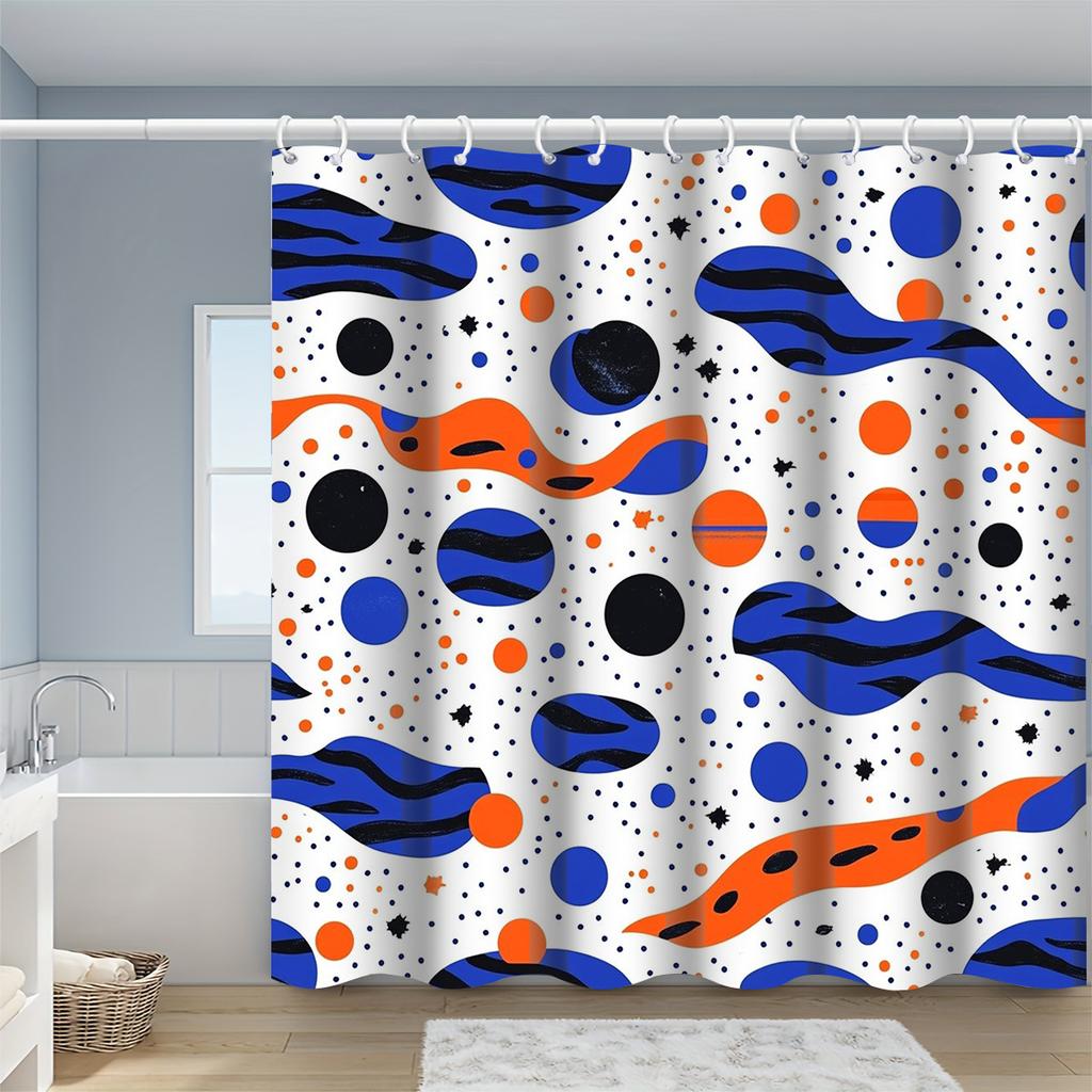 Abstract Cosmic Wave & Planet Shower Curtain 1Pc With 12 Hooks For Bathroom Home Decor Polyester 2D Flat Print 70.8X70.8 Inch