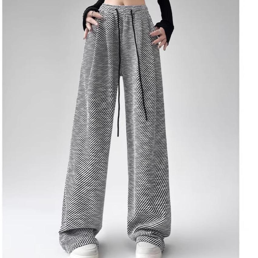 Women's Gray Striped High-Waisted Wide-Leg Pants - Floor-Length Slimming Drapey Trousers