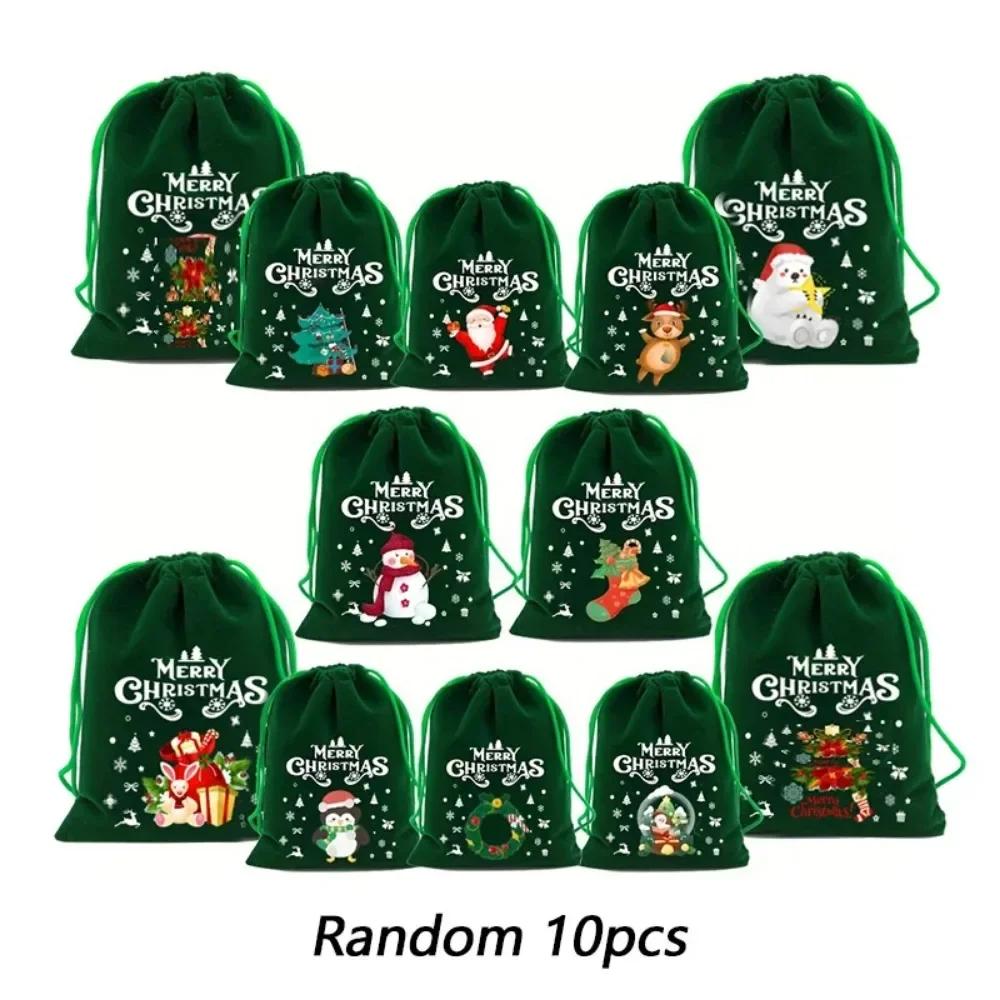 10pcs Merry Christmas Velvet Bags Green Drawstring Pouch Candy Gift Bag Jewelry Packaging Bags Xmas New Year Party Supplies