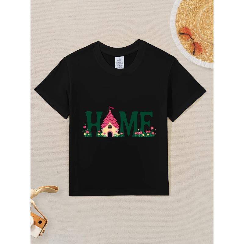 

European sizes HOME Series Boys & Girls Kids Short Sleeve T-Shirt - White with Green House & HOME Letter Print, Cute House-Shaped Logo Design 98cm чёрный
