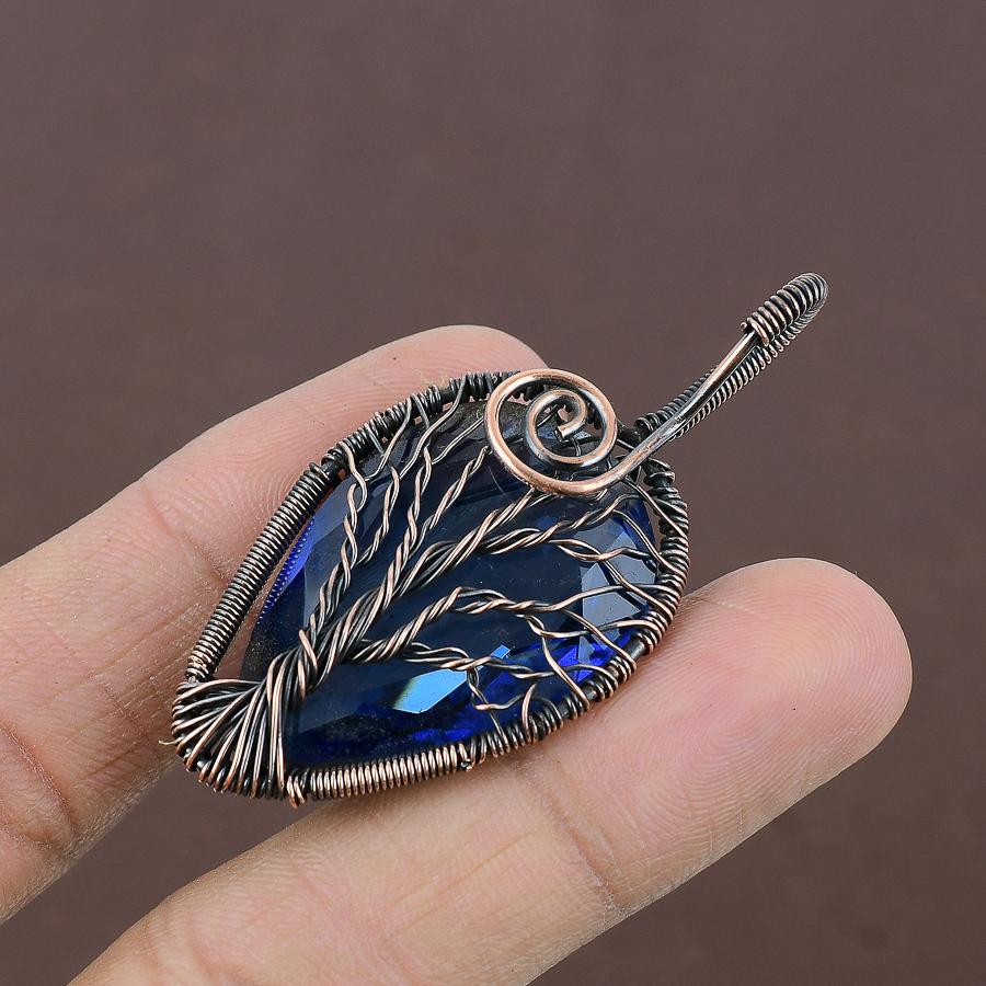 Natural Tree Of Life London Blue Topaz Copper Wire Wrap Pendant 2.36" v2I38