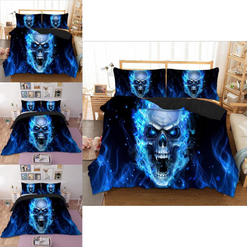 Premium 3d Blue Fire Skull Duvet Cover Pillow Cases Quilt Cover Bedding Set For All Sizes