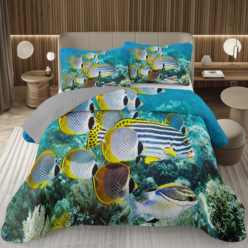Fish Bedspread Twin Queen Ocean Marine Theme Coverlet Set for Boys Girls Teens Room Soft Lightweight Sea Animal Quilted Bedding