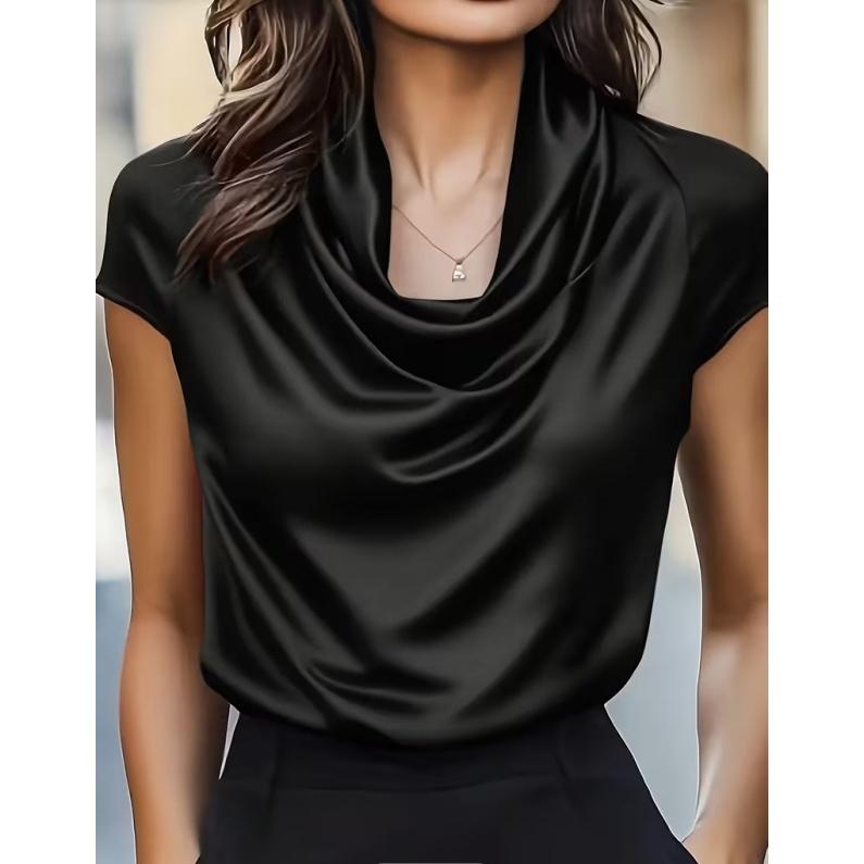 2026 Spring Autumn Office Draped Collar Flowy Short-Sleeve Blouse - Stylish Elegant Versatile 100% Polyester Women's Shirt