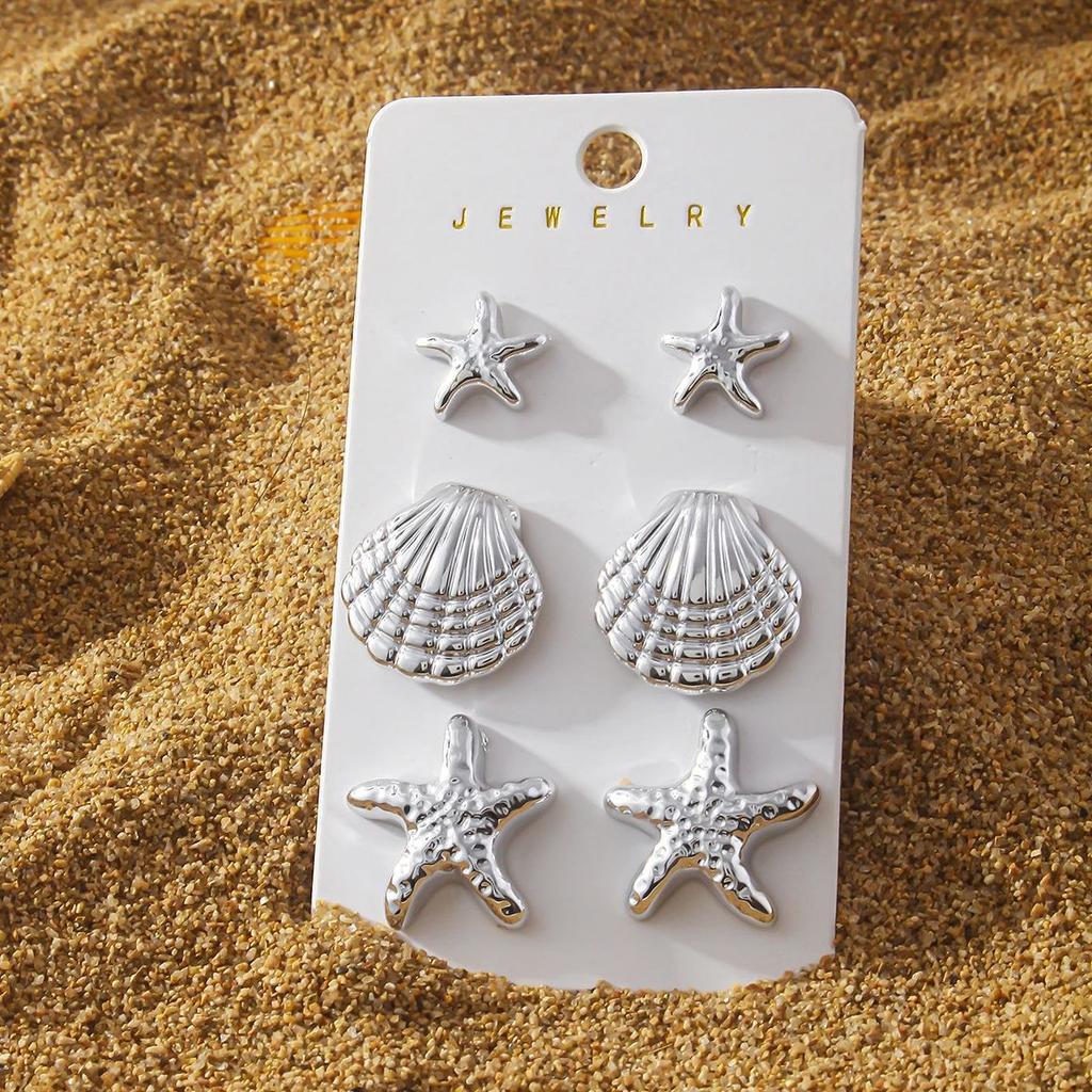 6Pcs Exquisite Starfish Shell Stud Earrings Fashionable CCB Earring Set Women's Summer Beach Party Jewelry Gifts