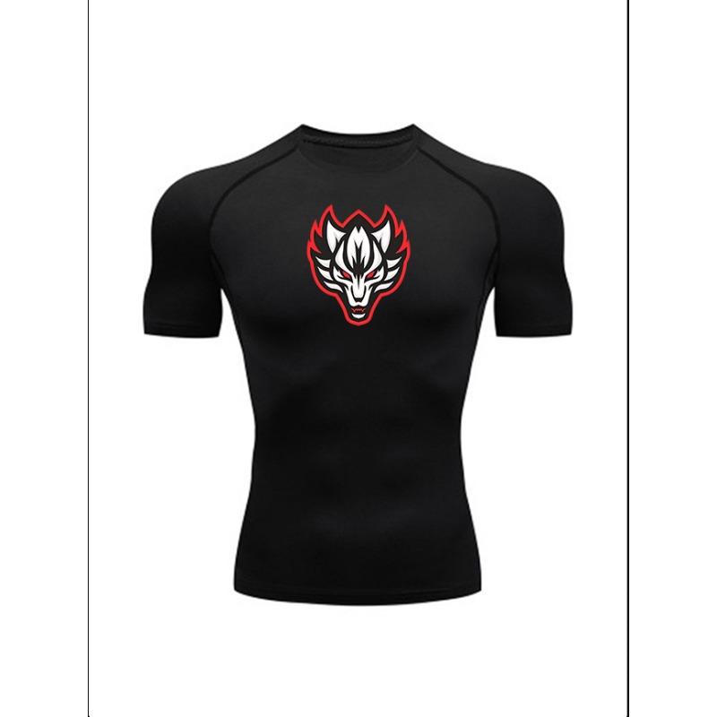 Men'S Grey Red-Edged Wolf Head Print Compression T-Shirt, Quick Dry Short Sleeve Gym Workout Tee, Muscle Fit Athletic Training Top for Men