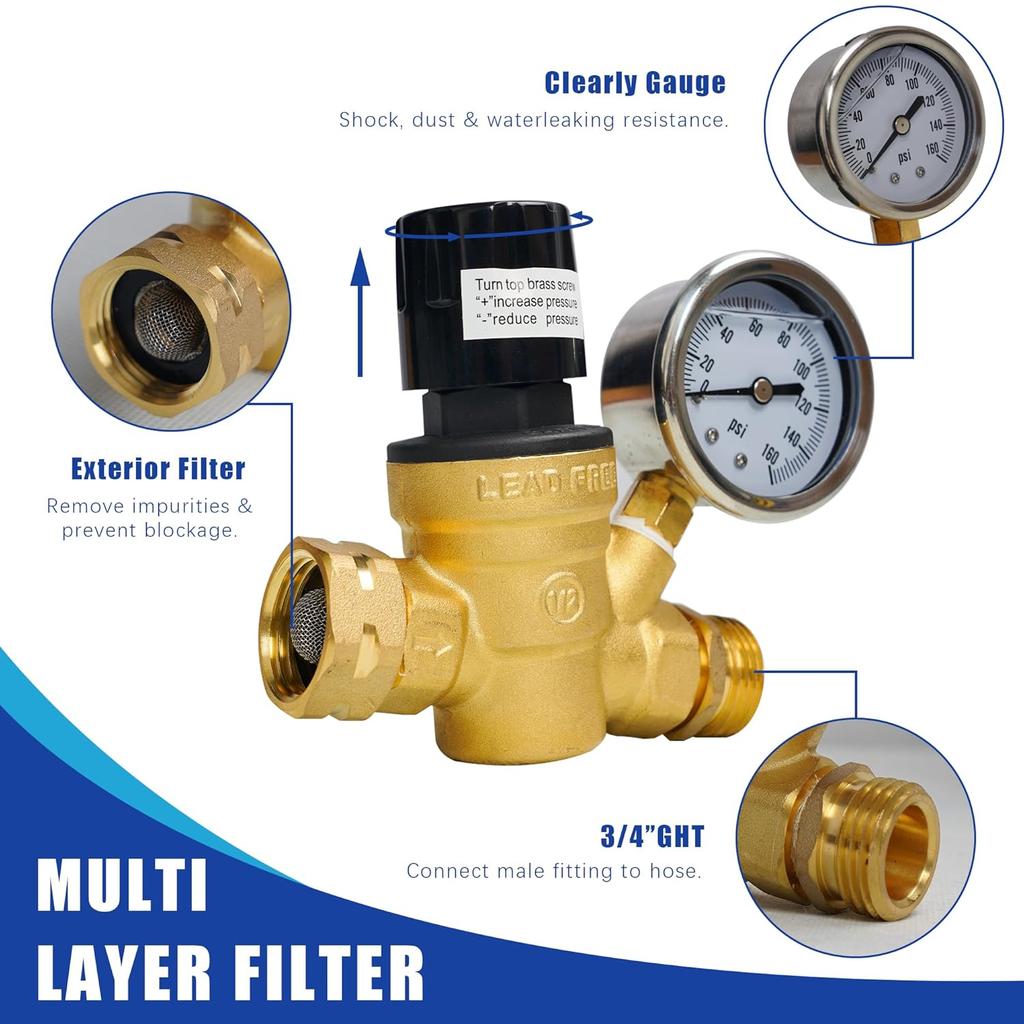 Hourleey RV Water Pressure Regulator, Adjustable Handle Brass Water Pressure Regulator, Water Pressure Reducer with Gauge and Inlet Screened Filter