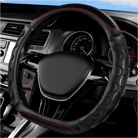 Car Steering Wheel Cover, 15 Inches Leather Comfy Grip Steering Wheel Protector with 3D Honeycomb, Anti-Slip D-Shaped Wheel Wrap Cover for Most