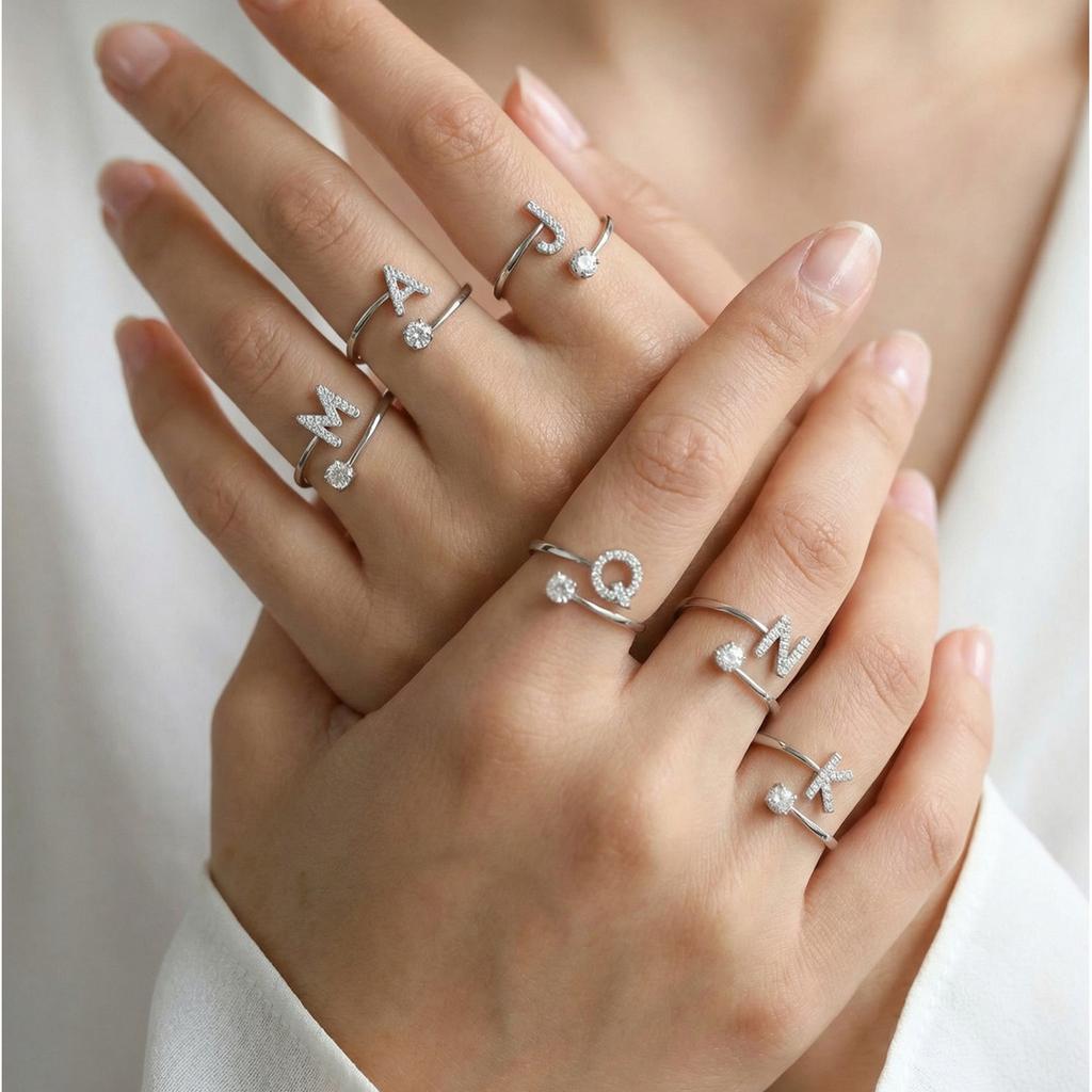Chic Zircon Initial A-Z Letter Rings for Women Girls Adjustable Opening Ring Name Alphabet Female Wedding Fashion Jewelry Gift