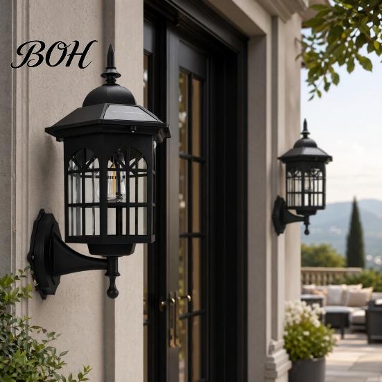 Energy Saving Solar Lantern Vintage Wall Light, Motion Sensor Outdoor Sconce with Glass Courtyard Lighting Shade, Waterproof Garden for Patio