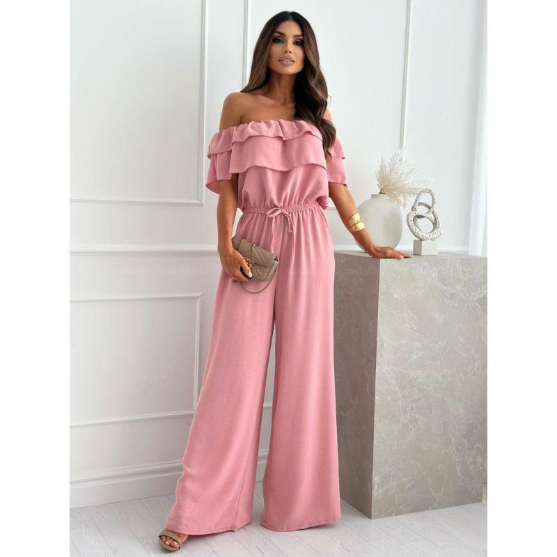Summer New Arrival Fashion Style off-Neck Ruffled Short Sleeves Elastic and Waisted Wide Leg Jumpsuit Pants Jumpsuit