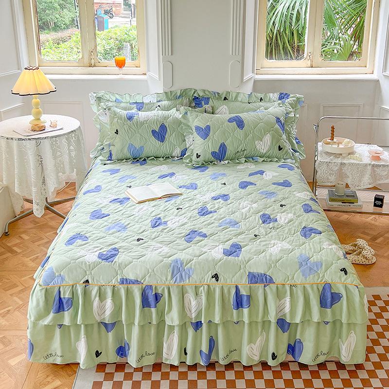 Fustă de pat prințesă matlasată cu dantelă în stil coreean – Cuvertură de pat groasă, din mătase periată, rezistentă la praf