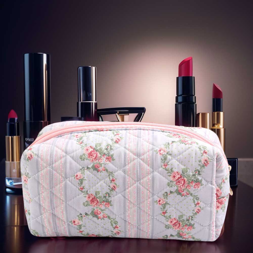 Women Floral Cosmetic Bag Large Capacity Cotton Aesthetic Toiletry Purse Zipper Closure Padded Organizer Bag Girls Daily Handbag