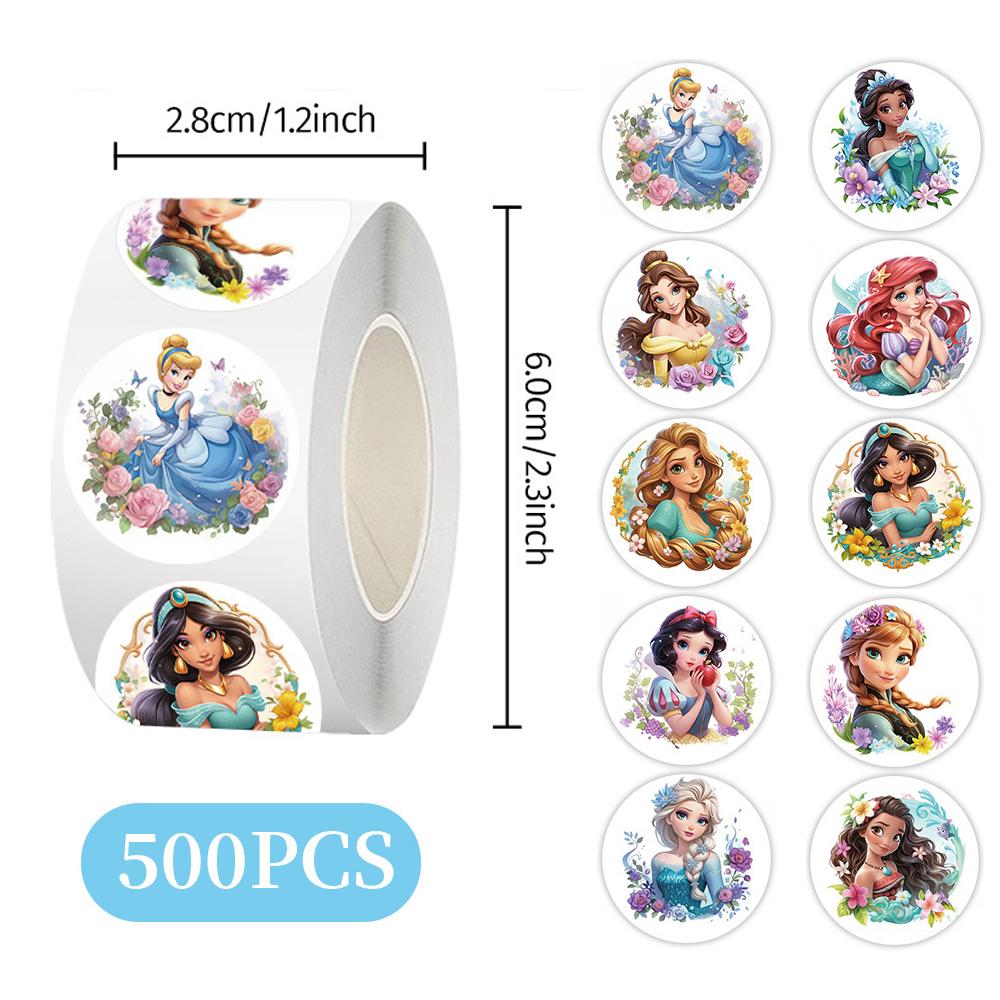 500pcs/Roll Disney Anime Princess Stickers Cute Ariel Snow White Seal Label Decals Reward Sticker Toy DIY Laptop Decoration Gift