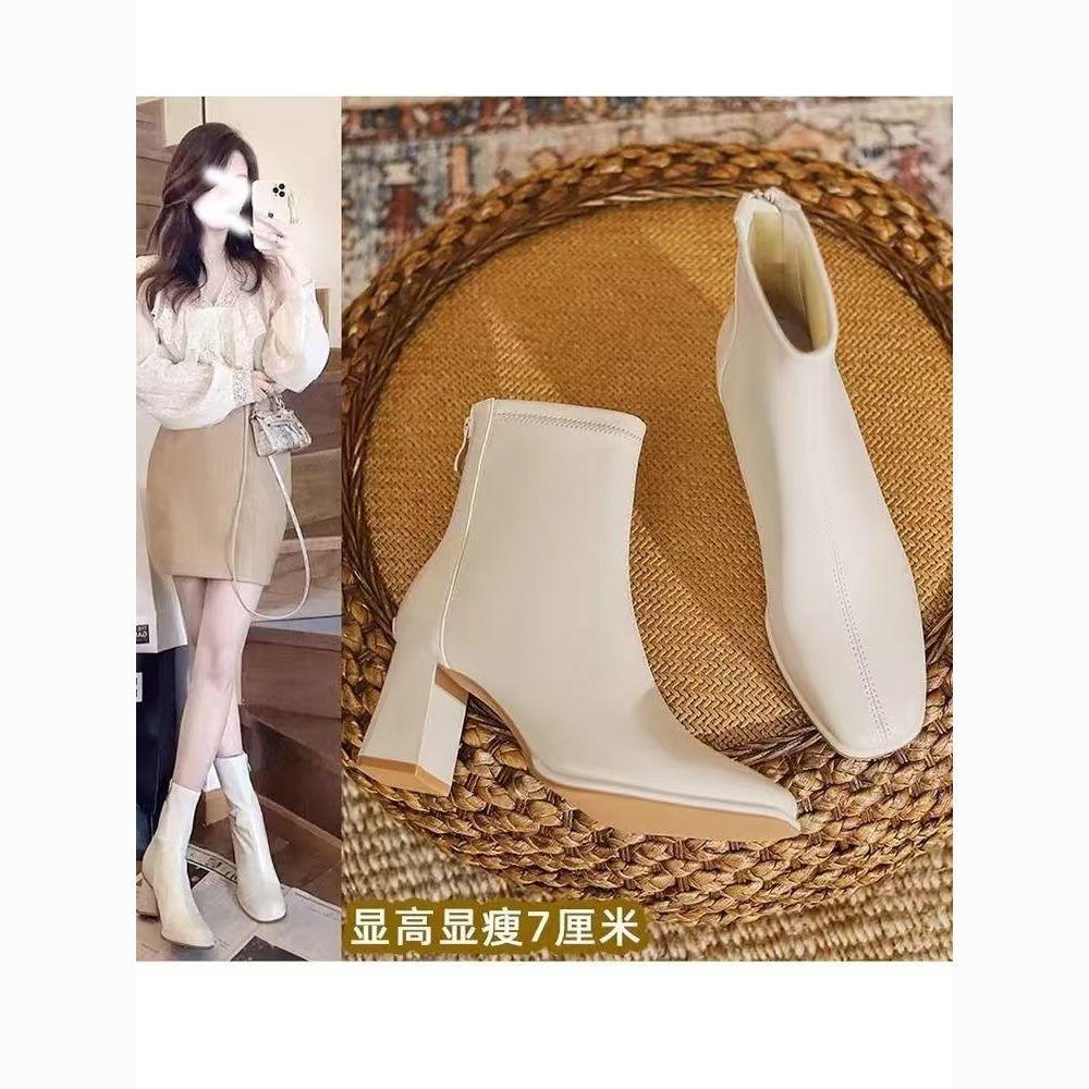 Soft Leather Foreign White Short Boots High-heeled Boots Women's 2025 Autumn and Winter New Martin Boots Thick Heel Rear Zipper Thin Boots