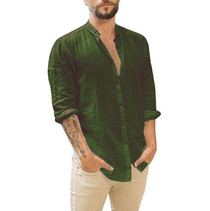 European and American Men's Linen Cardigan Solid Color Casual Stand-up Collar Long-sleeved Shirt
