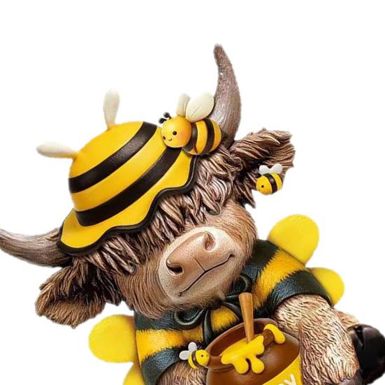 2Pcs Wooden Bee Highland Cow Figurine Hand Painted Resin Decoration for Home Table Windowsill Spring Pastoral Style Party Ornament Gift