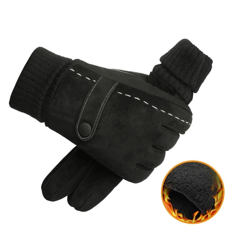 

Мужские зимние теплые кожаные перчатки из утолщенного хлопка ветрозащитные варежки для вождения One size чёрный