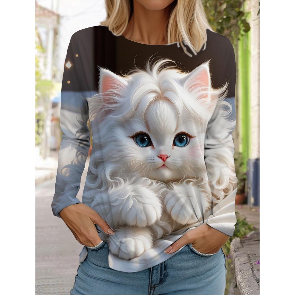 Women's long sleeved 3D printed cute printed cat T-shirt