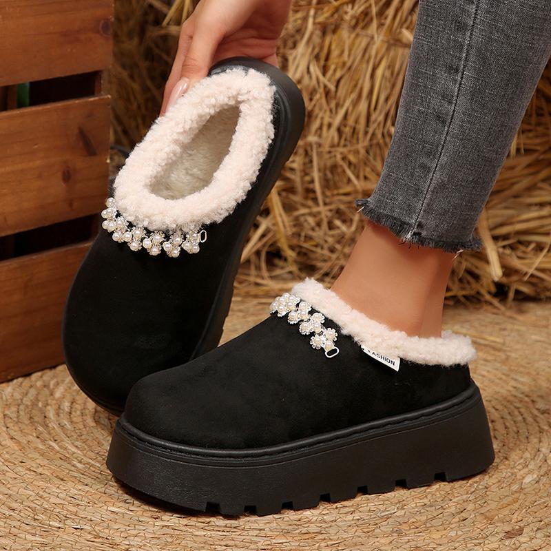 Fashion Pearls Decor Cotton Platform Slippers Women Autumn Winter Plush Warm Cotton Shoes Woman Plus Size Anti Slip Snow Boots Female
