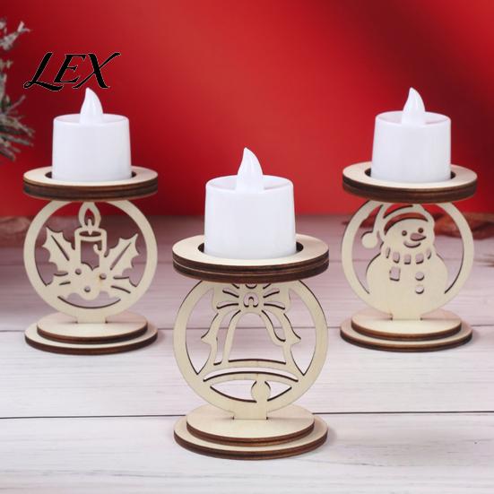 Small Candle Display Stand 3Pcs Christmas Wooden Holder, Detachable Tealight with Hollow Solid Wood Votive Carved Snowman/Bell/Candle Patterns, Rustic