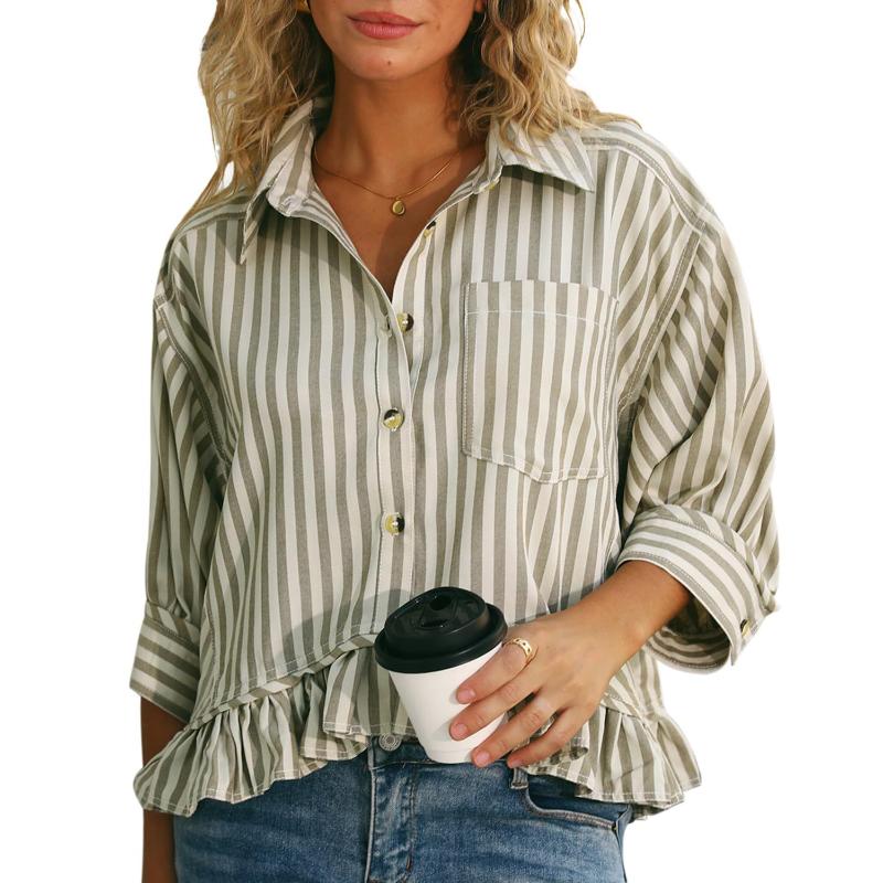 Women's Fashion Commuting Striped Lace Hem Loose Shirt Quarter Sleeve Shirt