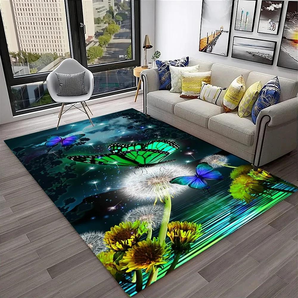 3D Luxury Dream Butterfly Flower Carpet Non-slip Floor Mat for Home Living Room Bedroom Sofa Washable Kid Play Area Decor Rug