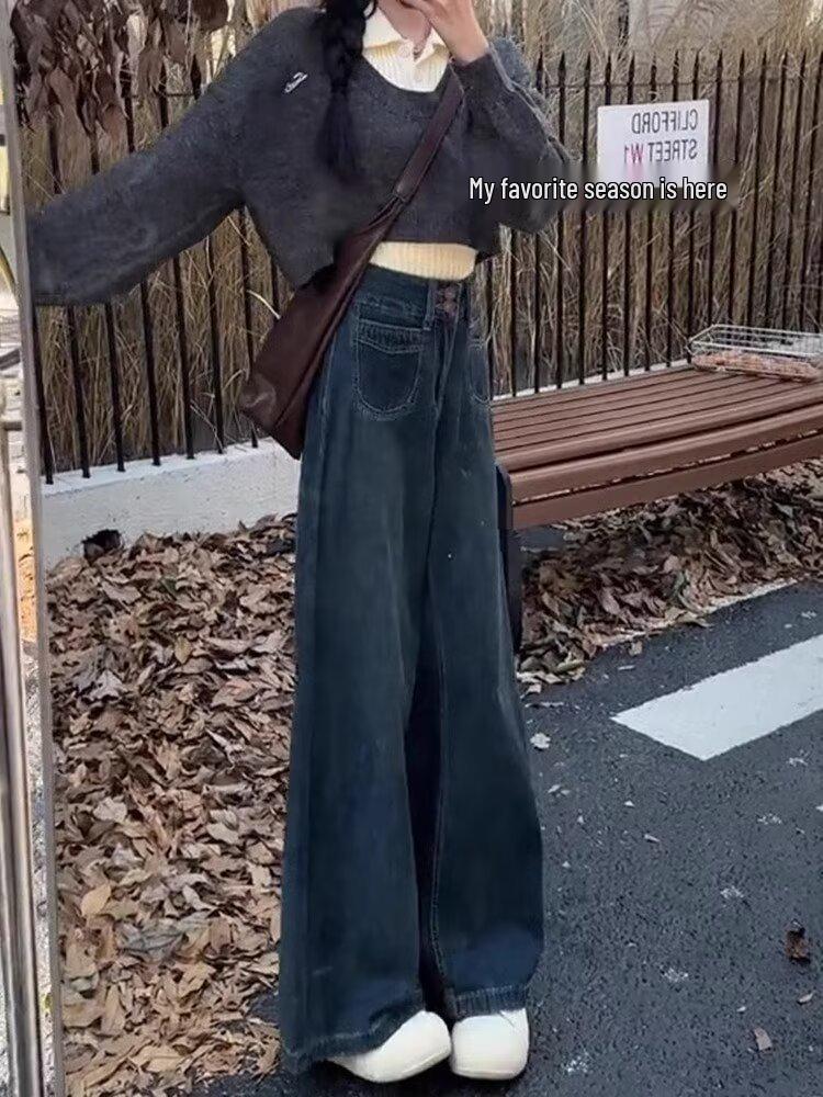 

Женские джинсы прямого кроя с высокой посадкой: 2025 Стройнящий Маленький Крой, Широкие Брюки, Длина в Пол для Весны/Осени 4XL