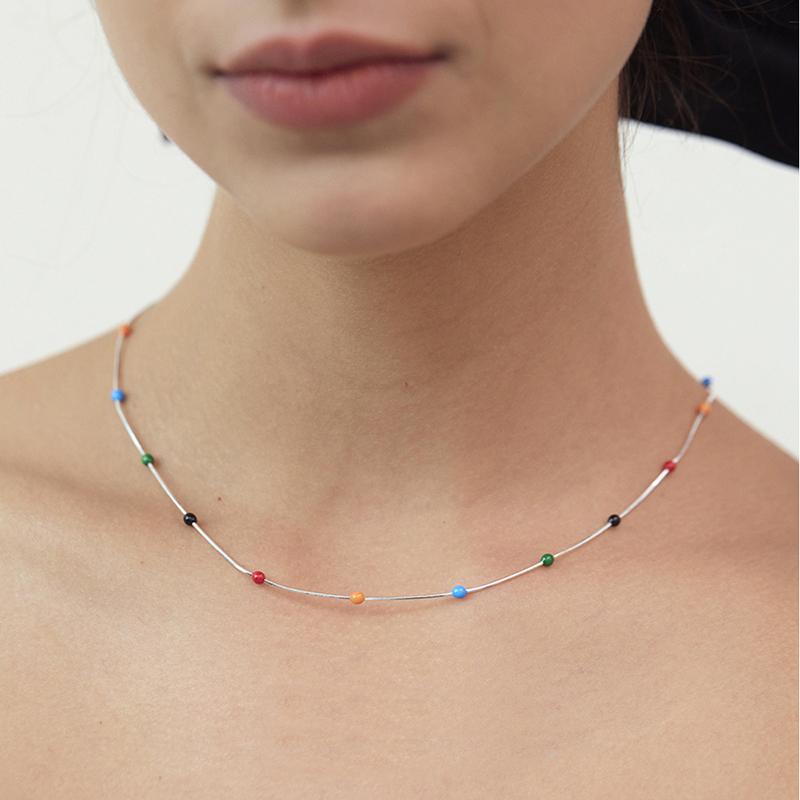 925 Sterling Silver Summer Rainbow Beads Chain Choker Necklace for Women's Fashion Stacked For Korea Simple Collar Fine Jewelry