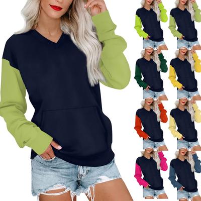 Women's Casual Fashion Stitching Color V-Neck Long Sleeve Sweatshirt Light Pullover With Pockets
