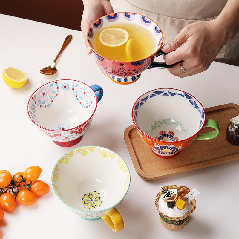 Retro Hand Painted Ceramic Mugs Underglaze Porcelain Breakfast Coffee Milk Tea Cup Set Home Office