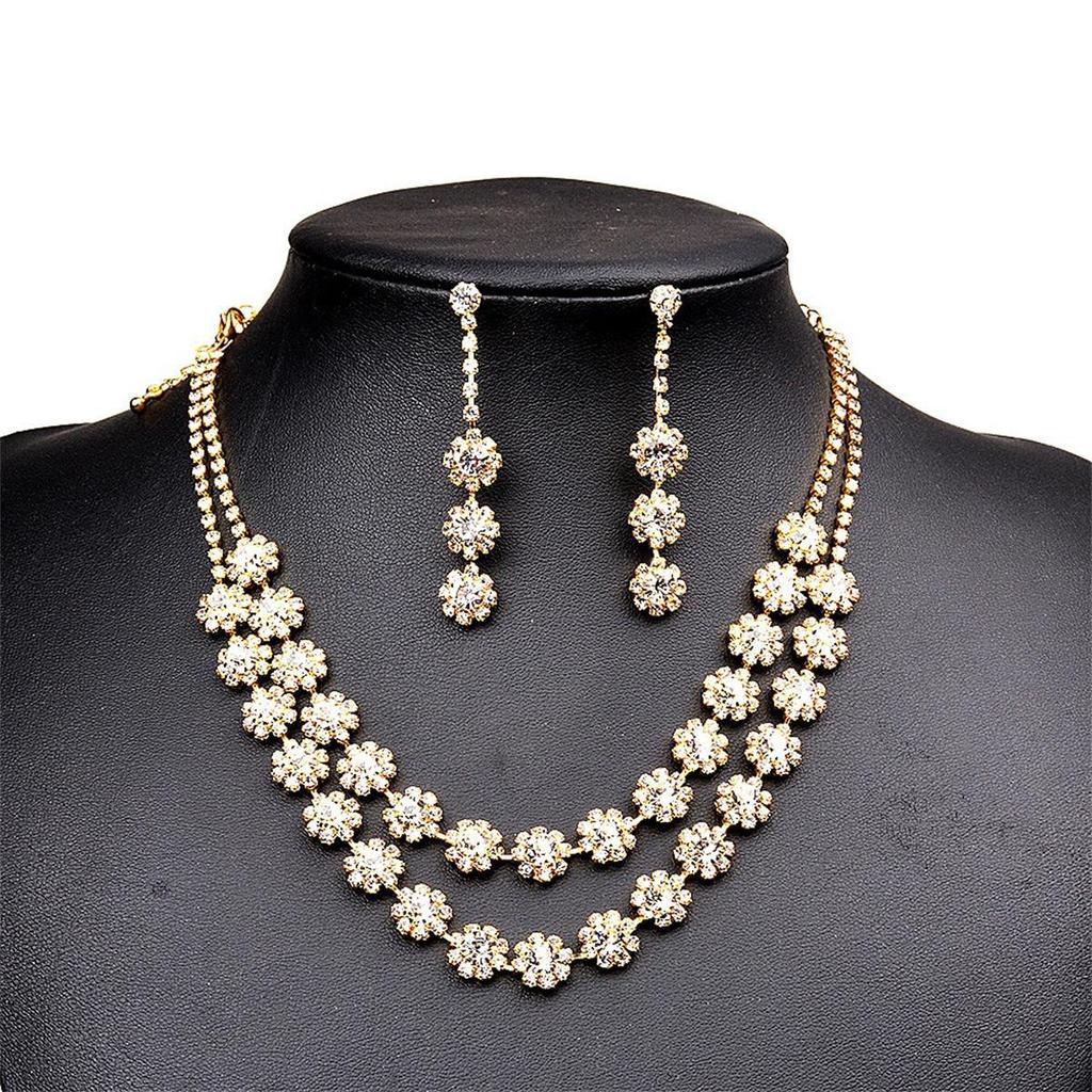 European and American style multi-layered necklace and earrings set, full of diamonds, for wedding dresses, women's accessories, bridal high-end