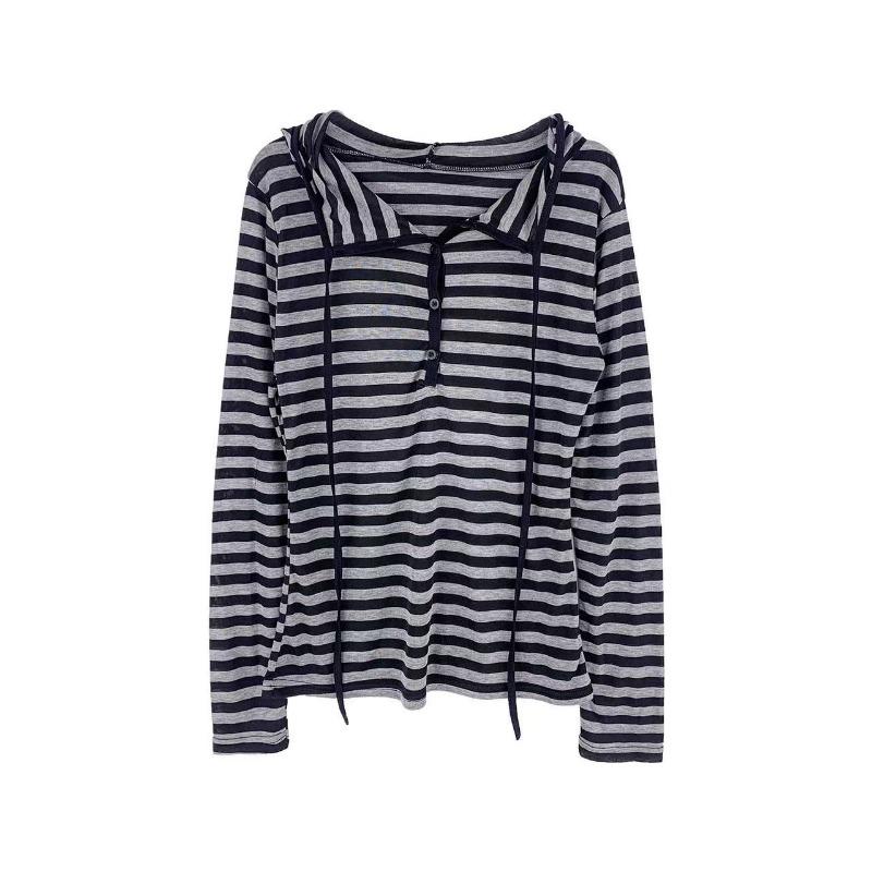 Frühling Herbst Vintage Gestreift Druck Lässig Mode Kapuzenpullover Damen Langarm Halb Offener Kragen Pullover T-Shirt Top
