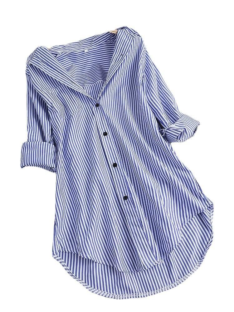 Dámská proužkovaná letní ležérní košile s dlouhým rukávem s potištěným knoflíkem