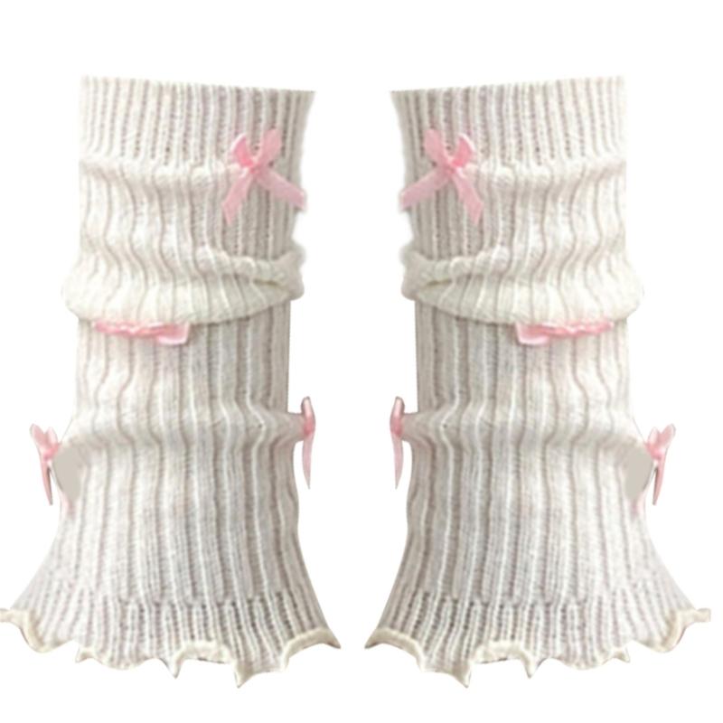 Sweet Girls Leg Warmers Women Ribbed Knit Striped Foot Cover Elegant Bowknot Ruffled Trim Boot Cuffs Footless Calf Socks