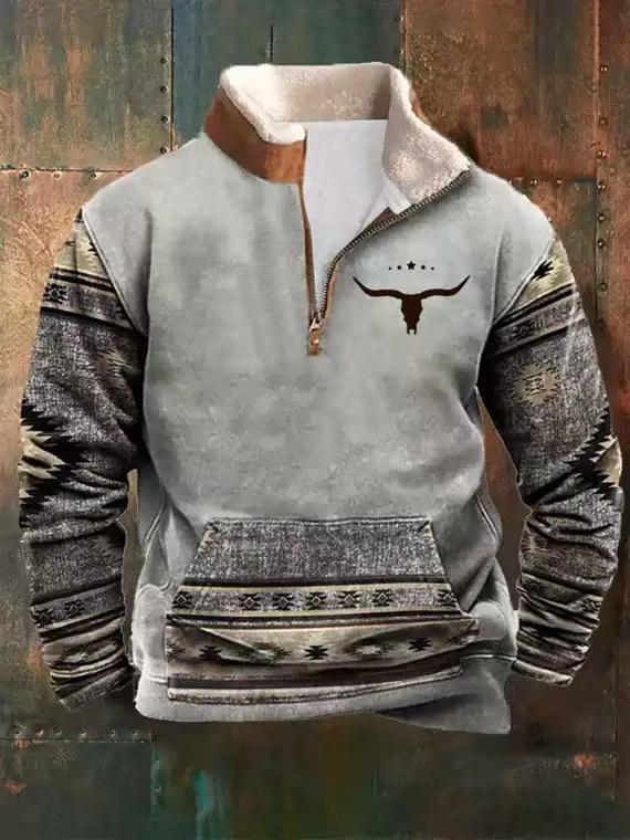 2025 Retro 3D Print Stand Collar Velvet Men's Hoodie for Autumn/Winter