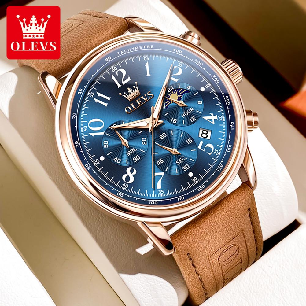 OLEVS Men's Watches Casual Fashion Leather Strap Waterproof Original Quartz Wristwatch for Man Moon Phase Date Chronograph 2912