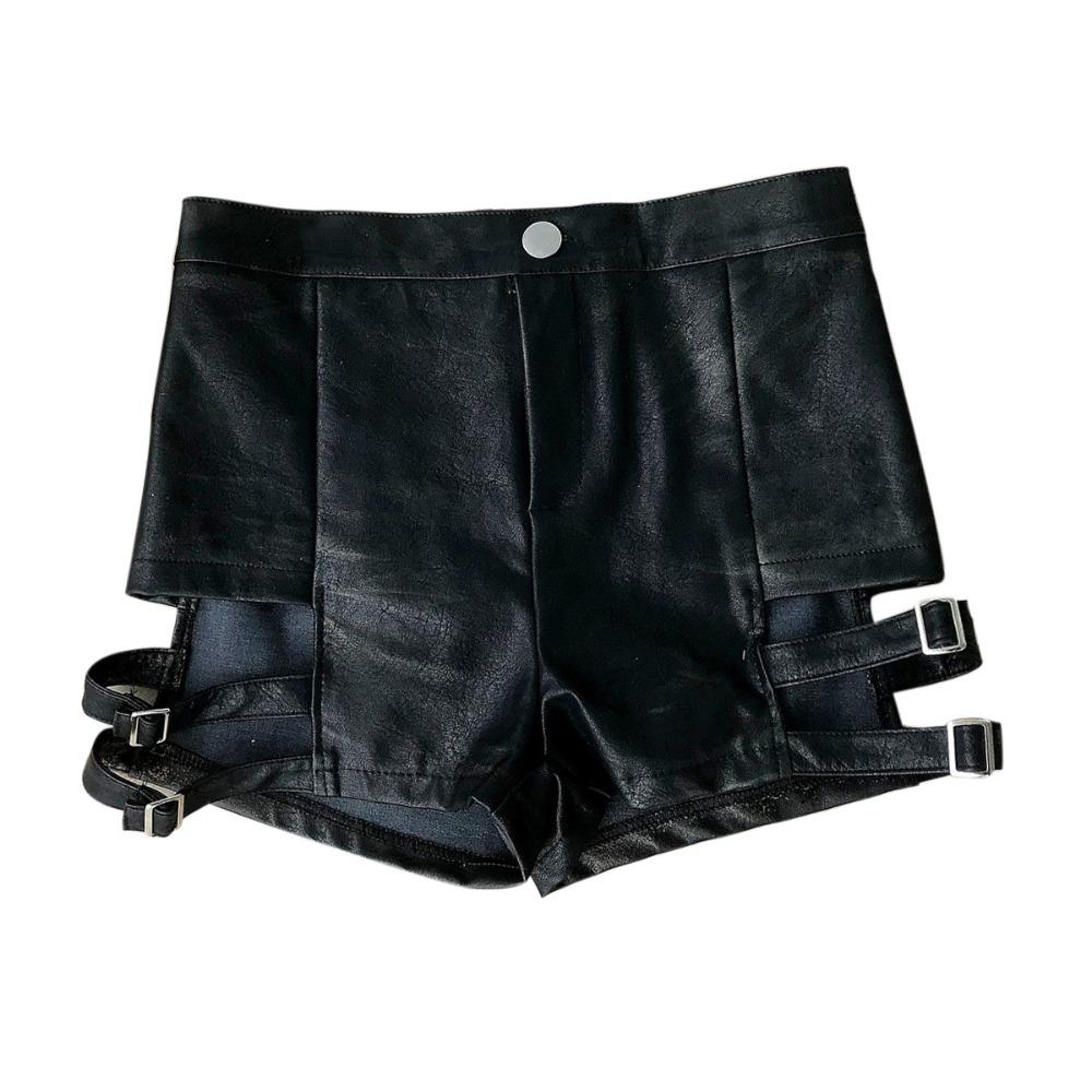 Women's High Waist Skinny PU Leather Shorts Double Thigh Strap Cutout Micro Elastic Sexy Clubwear Hot Pants