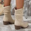 European and American Fashion Medium Tube Fashion Boots Women's Large Size Retro Thick Heel Pleated Foot Sleeve V Mouth Western Knight