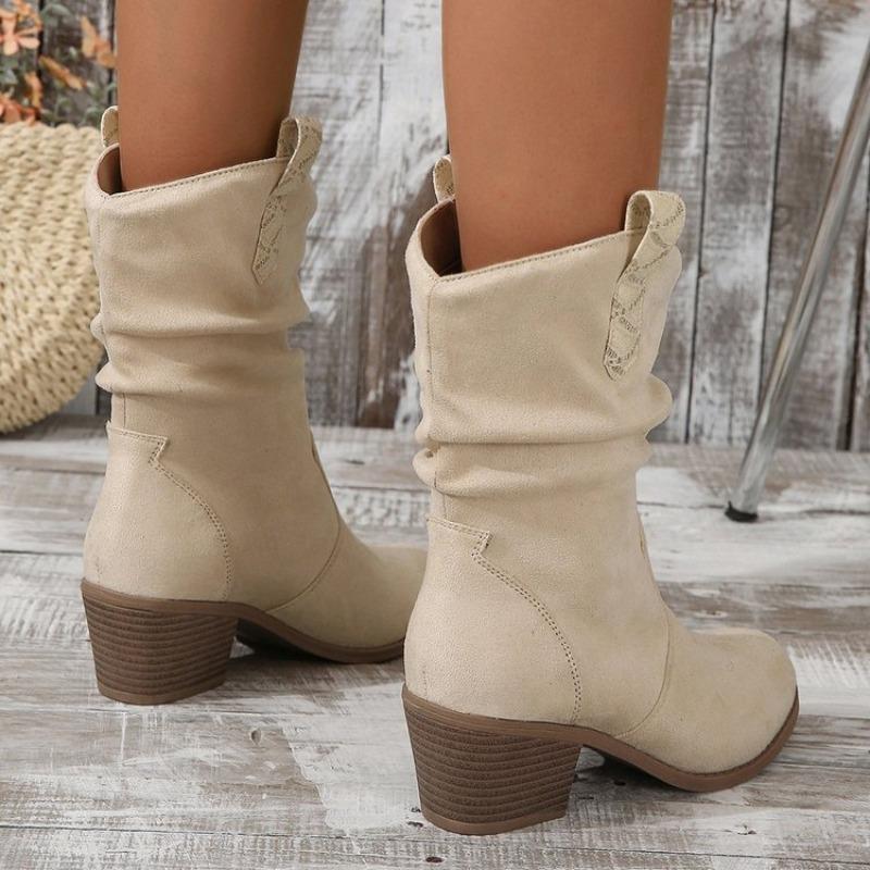 European and American Fashion Medium Tube Fashion Boots Women's Large Size Retro Thick Heel Pleated Foot Sleeve V Mouth Western Knight