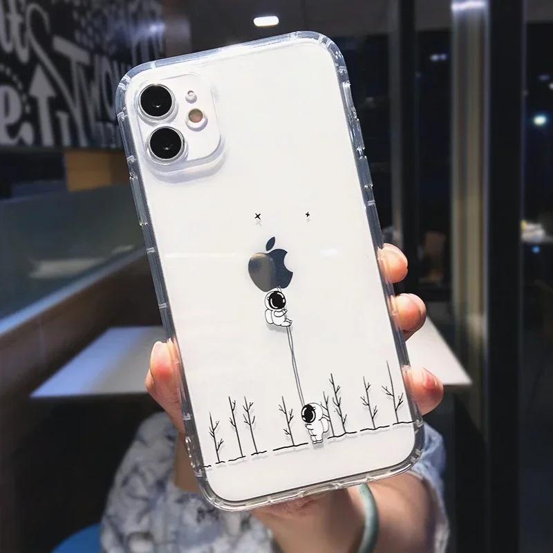 Funda de Teléfono Divertida de Dibujos Animados de Astronauta para iPhone 16 15 14 13 12 11 Pro Max Mini X XS XR 7 8 Plus Transparente Suave a Prueba de Golpes