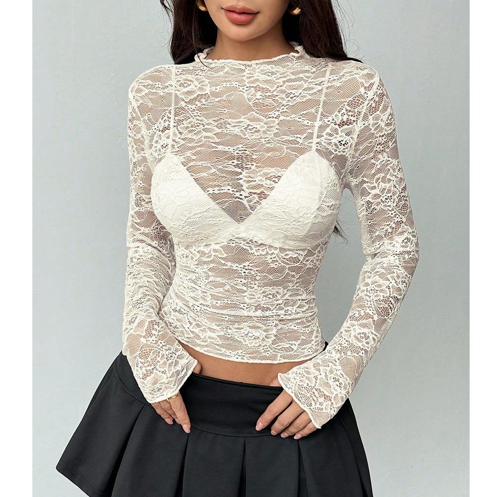 Women s Mesh Long Sleeve Top Sexy See Through Lace Blouse with Floral Embroidery Y2K Sheer Crew Neck Shirt S абрикосовый