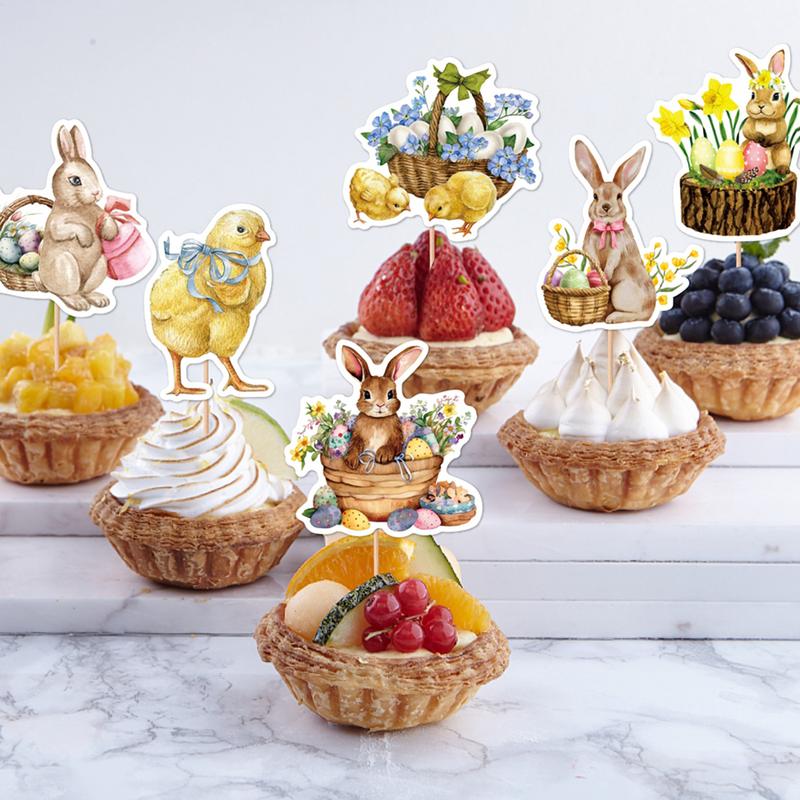 8pcs Easter Cake Inserts Deco Cake Tag Bunny Easter Holiday Party Cake Decoration Insert Card for Easter Party Food Decorations