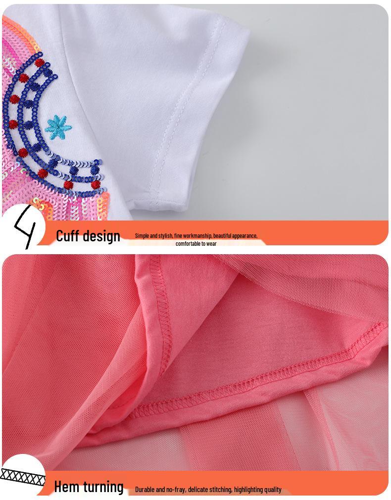 Dziewczęce letnie sukienki w stylu europejskim z cekinowym haftem - Siatkowe patchworkowe sukienki księżniczki z krótkim rękawem