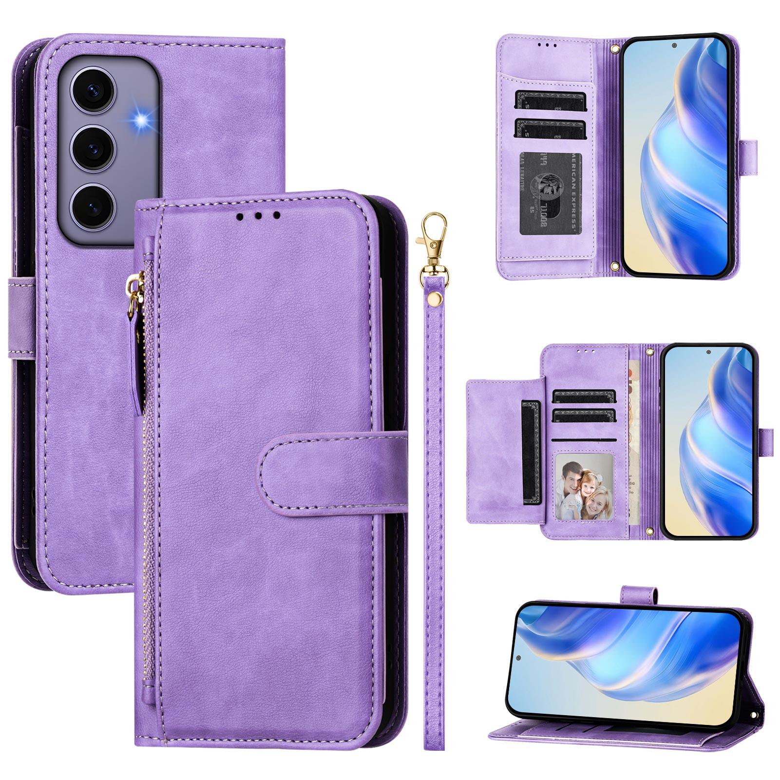 

For Samsung Galaxy S24 Case Zipper Pocket Multiple Card Slots Leather Phone Cover Purple