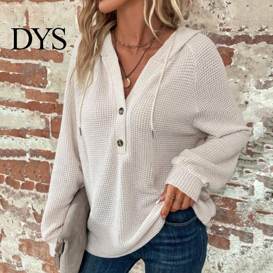 Waffle Knit Pullover Women Fall Winter Top Hooded Loose Buttons Drawstring Hoodie Pure Color Long Sleeves Daily Wear Sport Blouse
