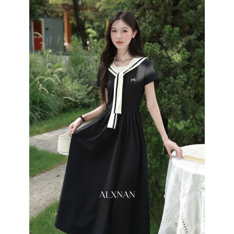 Luxiangnan Fake Two-Piece Color Block A-Line Maxi Dress S